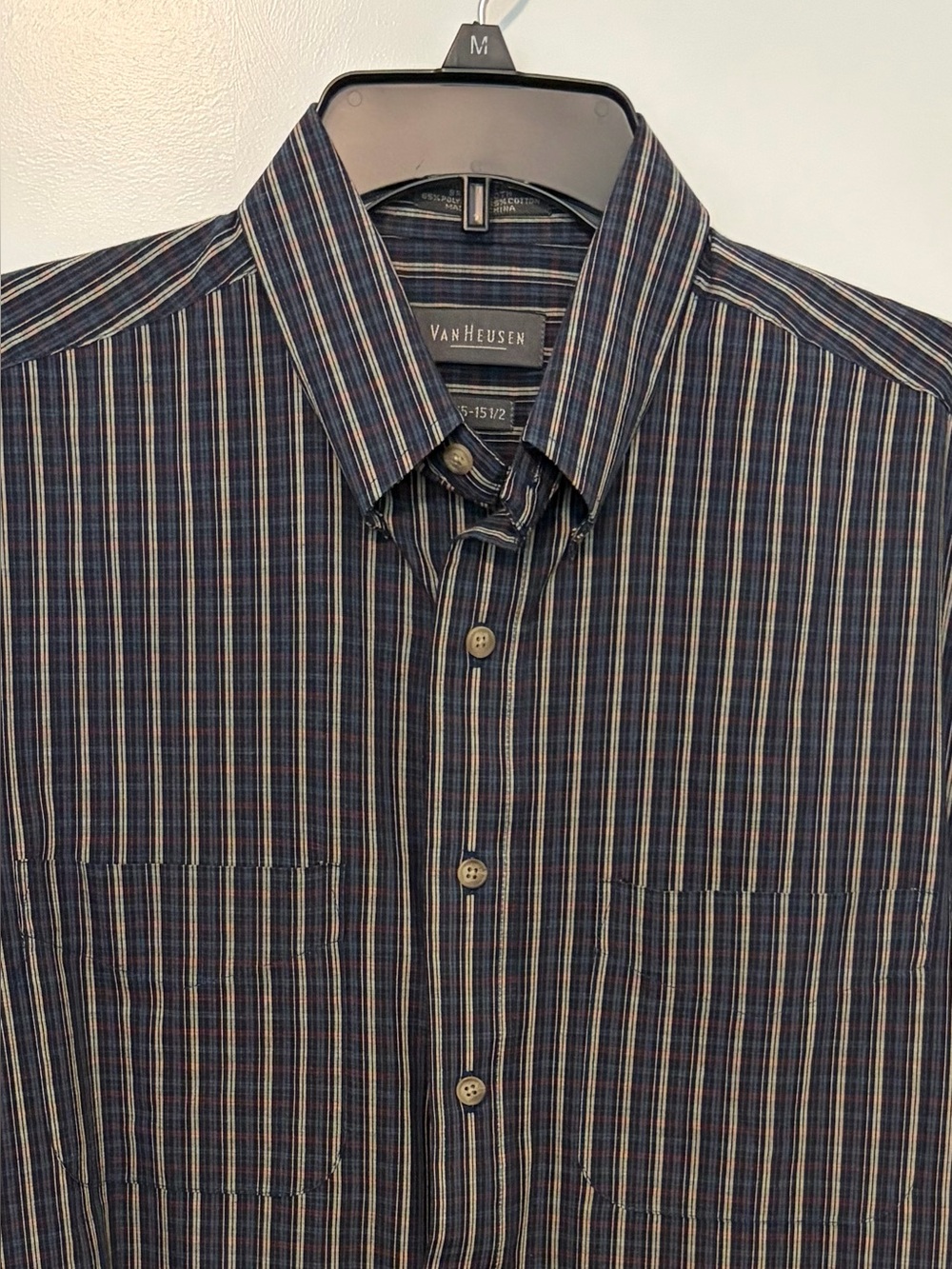 Van Heusen Navy Stripe Classic Fit Short-Sleeve Shirt Med 15-15 1/2